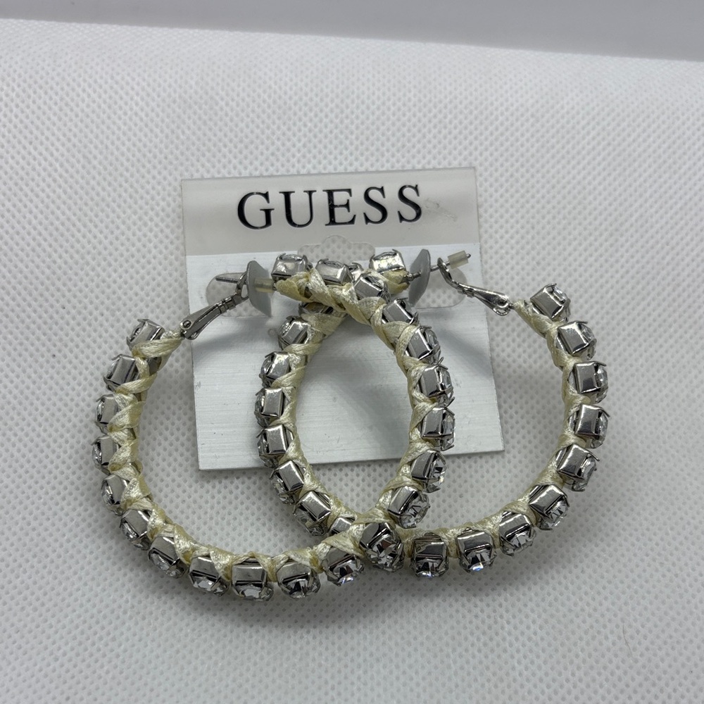 Guess Silver and Cream Studded Hoop Earrings